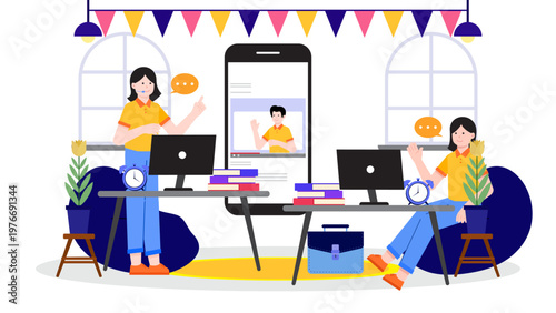 Illustration representing an employee assistance program providing virtual counseling and professional support services