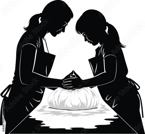 Silhouette Women Kneading Dough Together on Table