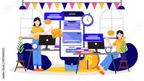 Employees managing payroll and discussing company financial benefits