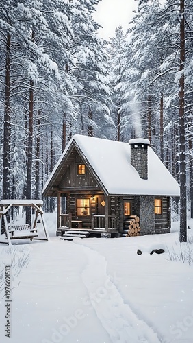 Cozy Log Cabin in Snowy Forest with Warm Lights.
