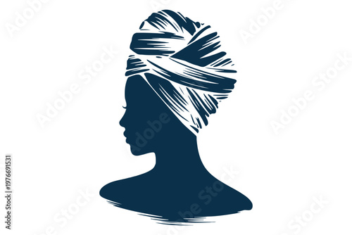 Silhouette of a woman with a detailed blue and white headscarf
