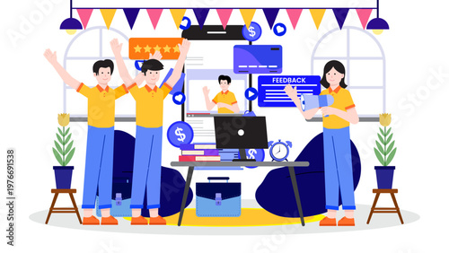 Group of colleagues cheering and celebrating a successful promotion