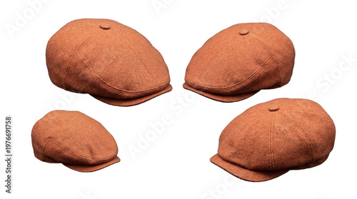 Fotografía Four reddish-brown classic flat caps, or newsboy caps, presented from various angles, isolated on a clean