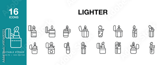 Lighter icon set. Includes lighter, fire, flame, ignition, spark, fuel, gas and More. Editable Stroke Icon Collection.