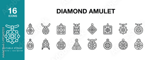 Diamond Amulet icon set. Includes diamond, amulet, jewelry, gem, gemstone, pendant and More. Editable Stroke Icon Collection.