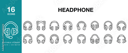 Headphone icon set. Includes headphone, audio, sound, music, headset, listening and More. Editable Stroke Icon Collection.