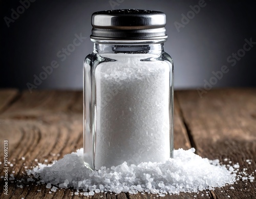 Close-up of a full salt shaker with spilled salt on a wooden surface