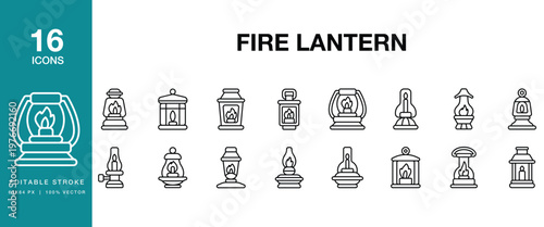 Fire Lantern icon set. Includes lantern, fire, light, flame, illumination, lamp and More. Editable Stroke Icon Collection.