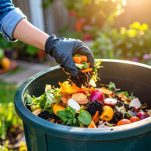 Close-up of gloved hand adding food scraps to a compost bin