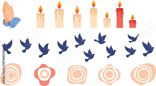 Prayer hands accompany a series of burning candles and flying doves to symbolize hope and memorial remembrance.