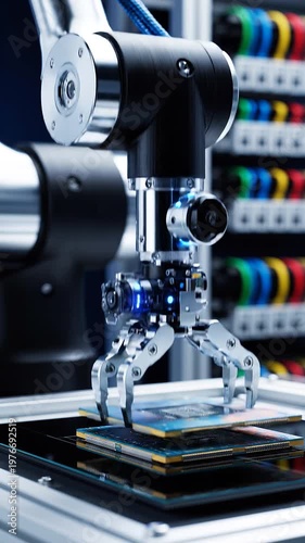 Robotic arm assembling microchip on production line