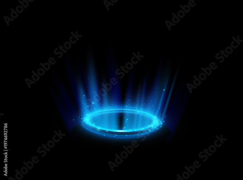 Circular portals, teleport, hologram gadget. Futuristic teleport. Projector HUD or podium for magic circle teleportation. Set of circle holograms. podium light effect.