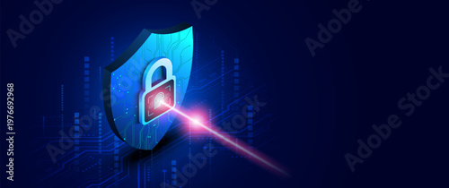Isometric digital shield with circuit patterns and glowing biometric fingerprint padlock scanner