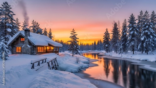 Cozy Log Cabin in Snowy Winter Landscape at Sunset.