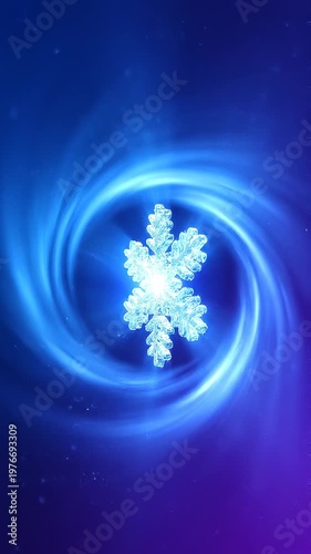 A glowing blue snowflake spins in a swirling vortex of light on a dark background