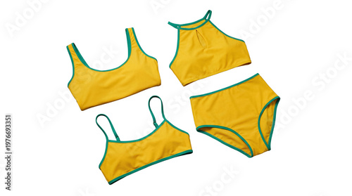 Obraz na płótnie Vibrant yellow and teal women's swimwear set for summer fashion on a transparent background