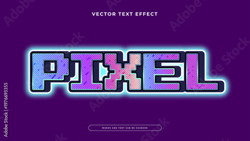 Pixel editable text effect with colorful mosaic texture and neon glow for retro gaming and 8-bit digital art