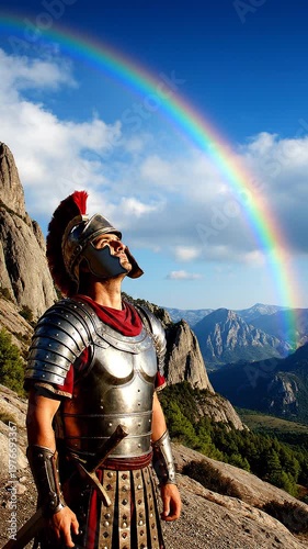 A warrior in armor gazes up at a vibrant rainbow over mountains