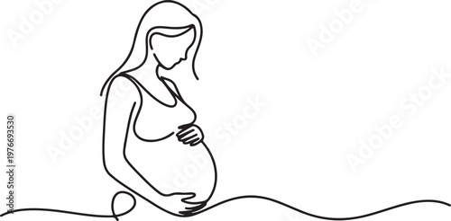 Continuous line art drawing of pregnant woman touching her belly. Maternity Vector illustration