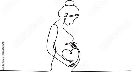 Continuous line drawing of a pregnant woman. One line drawing of a pregnant woman. Pregnant belly. Minimalist contour illustration of a happy mother