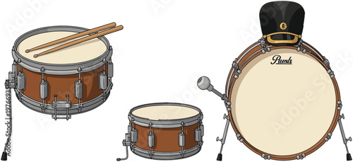 Drums and musical percussion instruments arranged for a performance showcase the rhythmic energy of a professional ensemble.