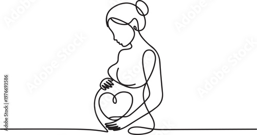 Continuous line drawing of a pregnant woman. One line drawing of a pregnant woman. Pregnant belly. Minimalist contour illustration of a happy mother
