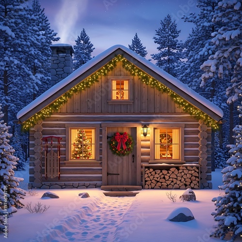 Cozy Log Cabin in Snowy Winter Wonderland with Christmas Lights.