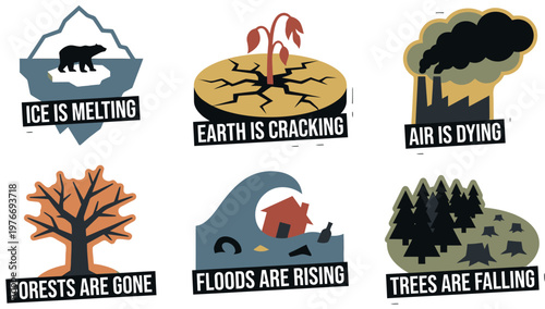 Earth Day climate crisis warning sticker set illustrating melting ice, deforestation, flooding, air pollution, and drought for environmental advocacy