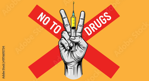 Anti-drug campaign vector illustration, hand holding syringe with peace sign gesture, No To Drugs text on red cross background