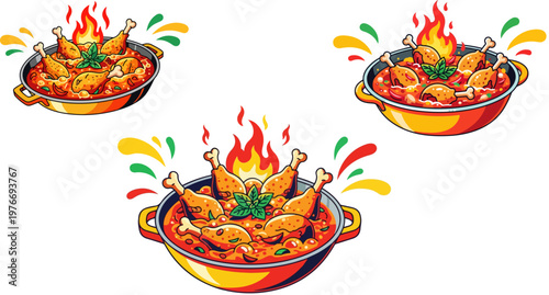 Spicy chicken curry in traditional pan with fire flames, hot peri peri chicken drumsticks vector set, delicious indian food illustration