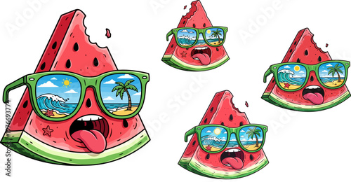 Funny watermelon character with sunglasses vector set, cool summer fruit cartoon mascot, tropical beach vacation stickers with bitten melon slices