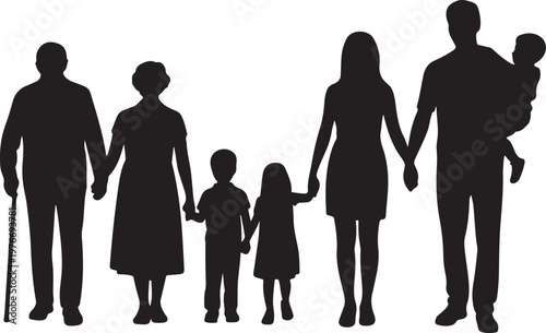 Family silhouettes grandparents father mother and three children from back