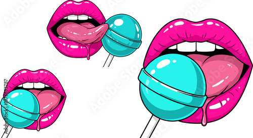 Pop art sexy pink lips with blue lollipop vector set, seductive open mouth with tongue and candy, vibrant comic style female lips illustration
