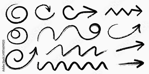 Collection of hand drawn black arrows and abstract directional shapes