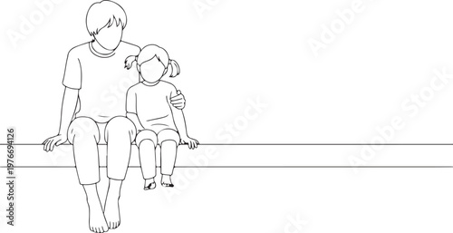 Happy mom with her female child in line art style. Mother and daughter . Minimalist black linear sketch isolated on white background. Vector illustration