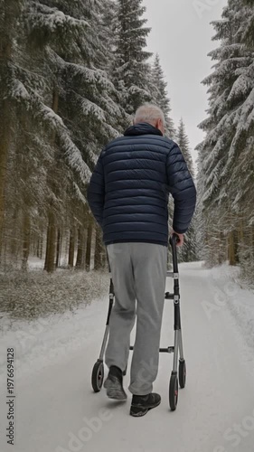 Elderly man walking with walker on snowy forest road
