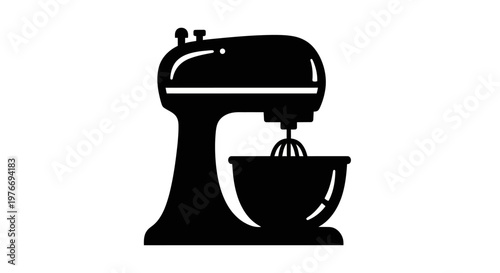 A stand mixer with a black mixing bowl and whisk attachment stands upright in a minimalist design.