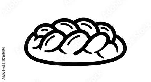 A braided loaf of bread rests on a simple white background, emphasizing its texture and design.