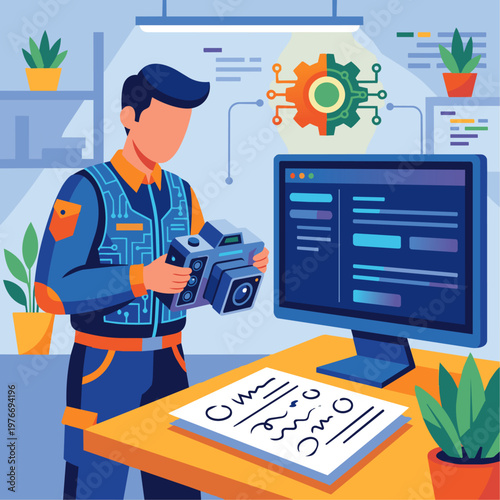 A 2D flat vector illustration of a Computer Vision Engineer holding a camera device over a document. On a nearby screen, the messy handwritten shapes on the document are being translated into perfectl