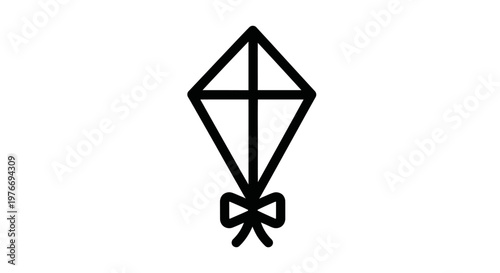 Minimalistic black kite icon with bow detail, set against a clean background for versatile design and decorative applications.