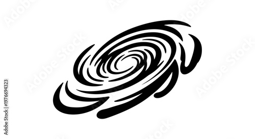 Black and white spiral galaxy illustration on a plain background, representing cosmic themes.