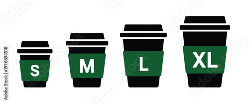 Paper cup icon, drink cup size icon, vector illustration, simple flat design representing beverages, takeout drinks, and portion sizes, ideal for apps, menus, cafes, and digital interfaces.