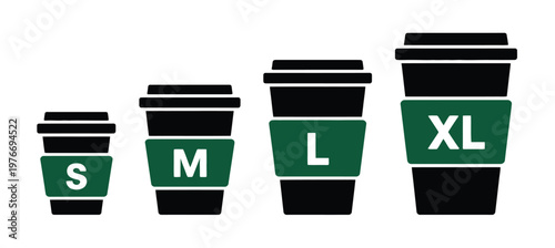 Paper cup icon, drink cup size icon, vector illustration, simple flat design representing beverages, takeout drinks, and portion sizes, ideal for apps, menus, cafes, and digital interfaces.