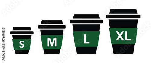 Paper cup icon, drink cup size icon, minimalist vector illustration showing disposable cup with lid, perfect for food service, ordering apps, infographics, and branding projects.