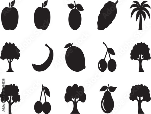 Collection of fruit and tree silhouettes on transparent background