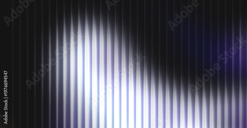 Bright white and purple light beam shining through dark vertical fluted glass texture