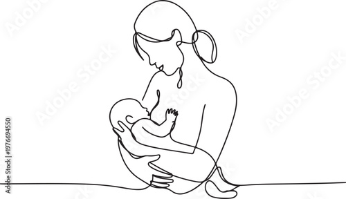 mother and child, line art drawing of woman is breastfeeding a child drawn picture silhouette. Line art. character mother feeds a newborn baby. Mothers day illustration
