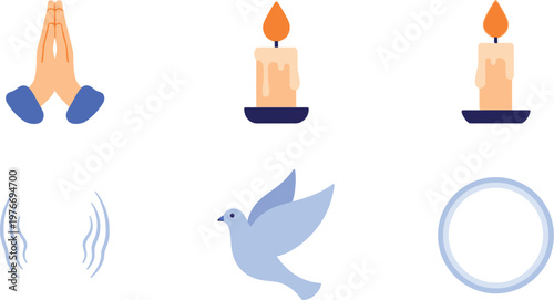 Spirituality elements feature prayer gestures and sacred symbols designed to convey a sense of calm reflection and inner peace.