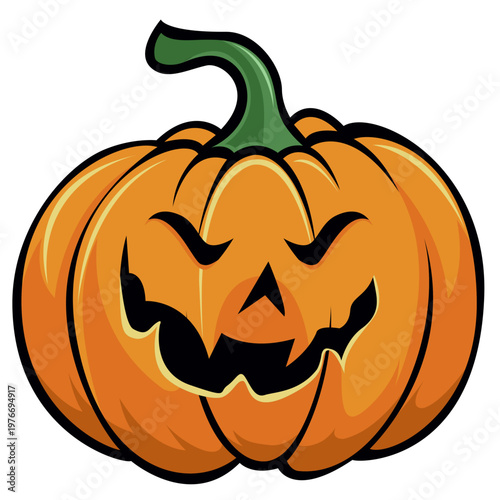 An orange cartoon jack o lantern with a green stem features a spooky, smiling carved face, triangular eyes and nose, and a wide, toothy grin, set against a white background