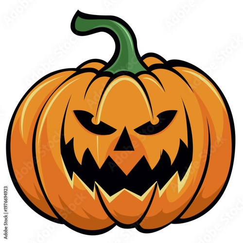 A vibrant orange cartoon jack o lantern with menacing carved eyes, a triangular nose, and a wide, jagged, toothy smile for Halloween themes